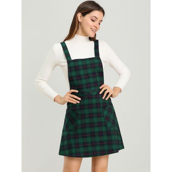 Plaid Tartan Button Decor A-Line Pinafore Overall Dress Green - Picture 2 of 6